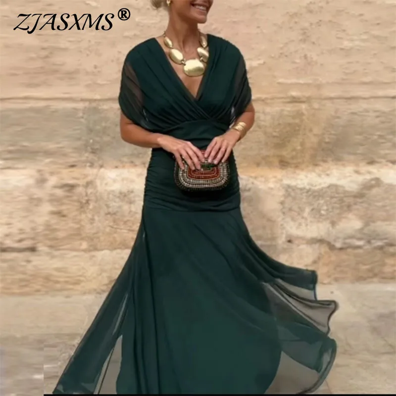 Lente Zomer Effen Mesh Geplooide Jurk Vrouw Elegante V-hals Holle Lange Jurk Korte Mouw Boheemse Vakantie Casual Feestjurken