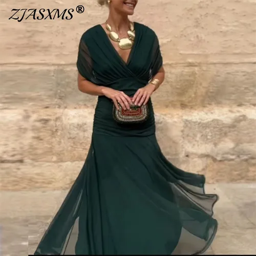 Imagen 1 del producto Primavera Verano vestido plisado de malla Lisa mujer elegante cuello en V vestido largo hueco manga corta bohemio vacaciones Casual vestidos de fiesta