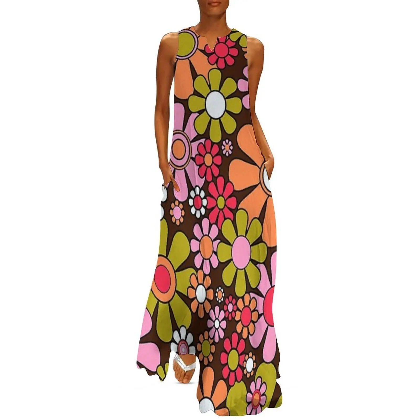 

Retro Garden Flowers Groovy 60s 70s Floral Pattern 2 Brown Pink Avocado Orange Long Dress Dress vintage