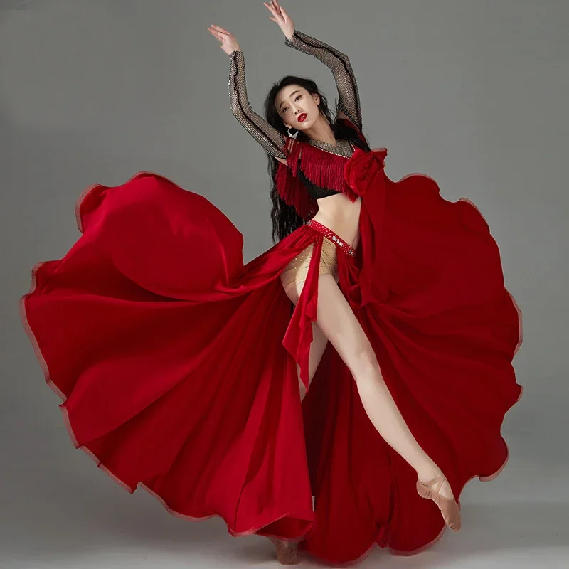 

newly designed tassel top Sexy sides Slits Skirt oriental belly dance suit performance costumes 3 piece Top Skirt Gloves Sleeves