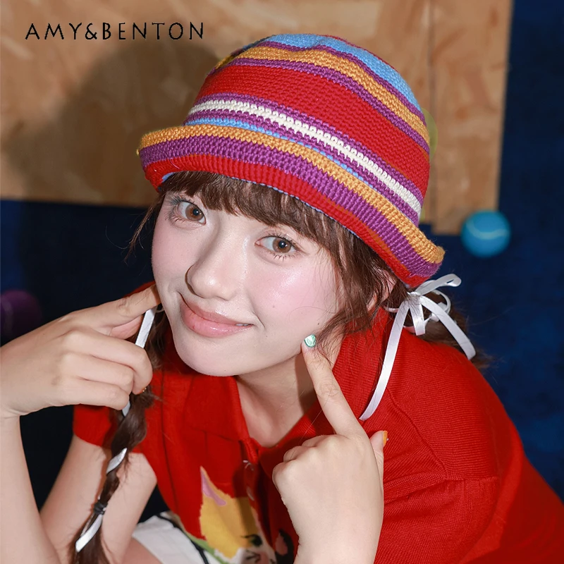 

Autumn New Colorful Striped Handmade Crochet Fisherman Hat Original Design Retro Vacation Versatile Cute Knitted Hats Ladies