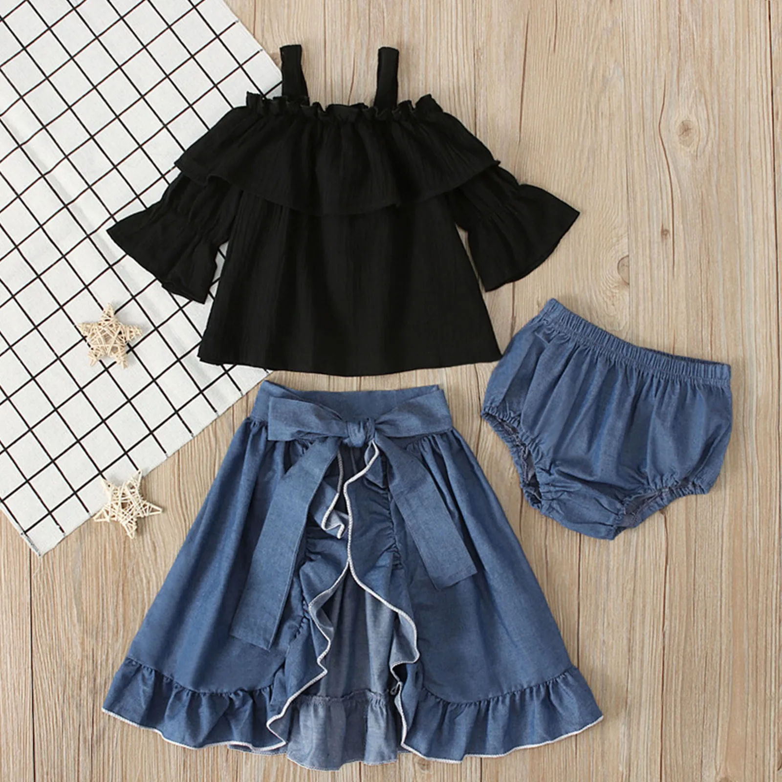 0-5Y Kids Clothes Girls Summer Clothing Sets Black Half Sleeved Off Shoulder Suspender Top Split Denim Skirt Shorts 3 Piece Set