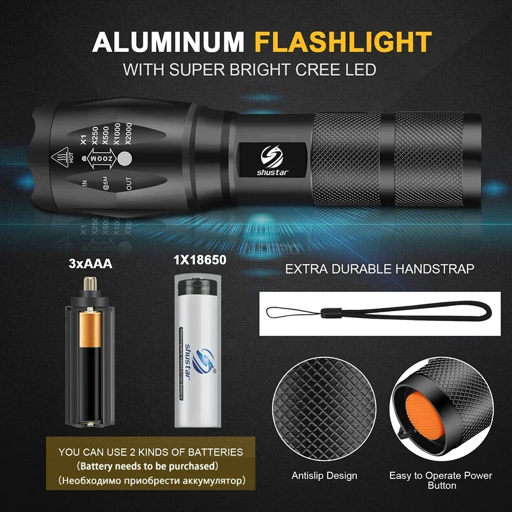 Shustar Led flashlight Ultra Bright torch L2/V6 Camping light 5 switch Mode waterproof Zoomable Bicycle Light  use 18650 battery