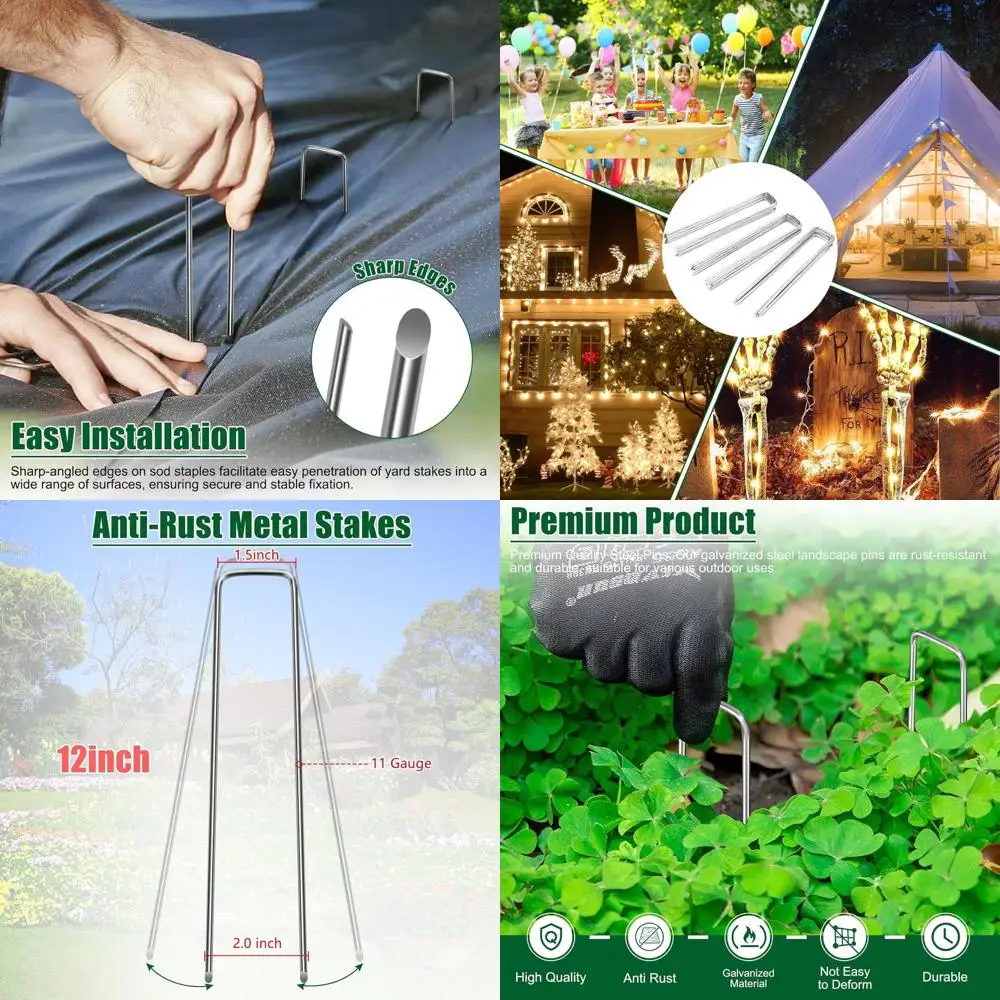 

12 Inch 11 Gauge Galvanized Landscape Staples Stakes for Decoration, 12/25/50/100/150pcs Garden Metal Stakes for Weed Barrier Fa