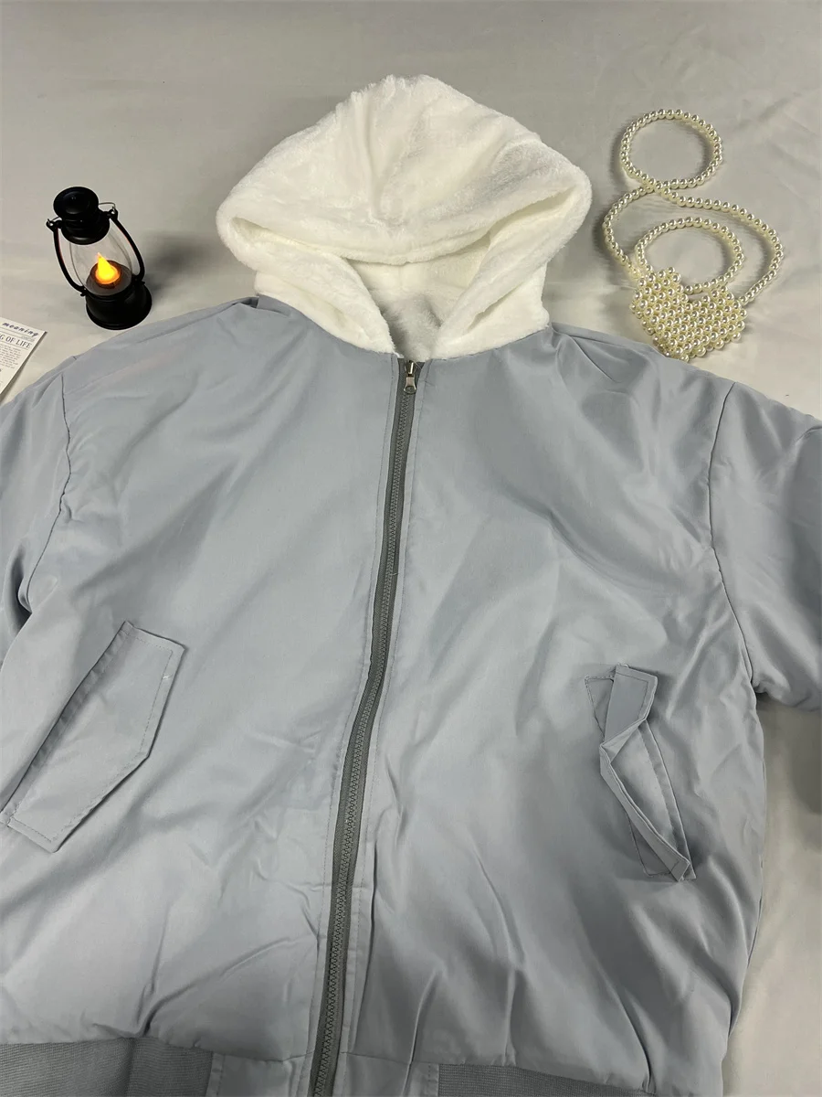 Parkas ผู้หญิงสบายๆแฟชั่นเกาหลีเสื้อแขนยาวผ้าฝ้ายเบาะแจ๊กเก็ตสีทึบสบายความงามกระเป๋า