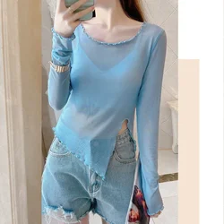 New Fashion Wavy Neck Long Sleeve T Shirt Women S-XL Purple Black White Sky T-shirt Girl Slim Stretch Forked Top Ladies Sexy Tee
