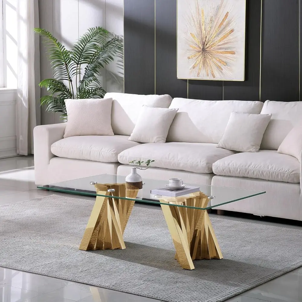 

Rectangular Tempered Glass Top Coffee Table, 51.18 Modern Gold Stainless Steel Base, Cocktail Table