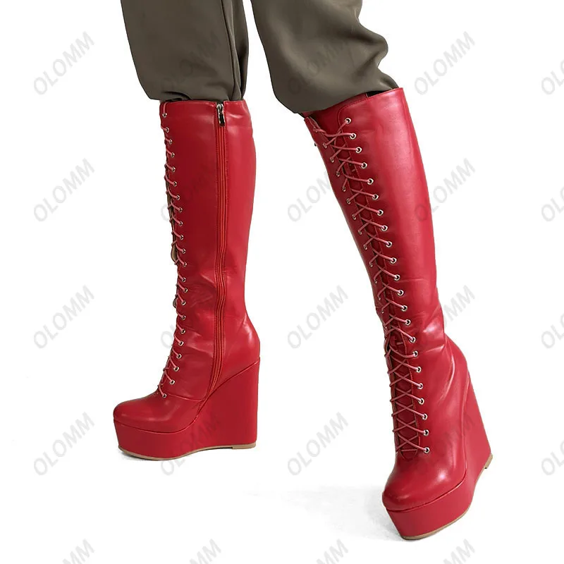 

Olomm 2025 Women Winter Knee High Boots Stiff Faux Leather Side Zipper Wedges Heels Round Toe Black Club Shoes Plus US Size 5-20