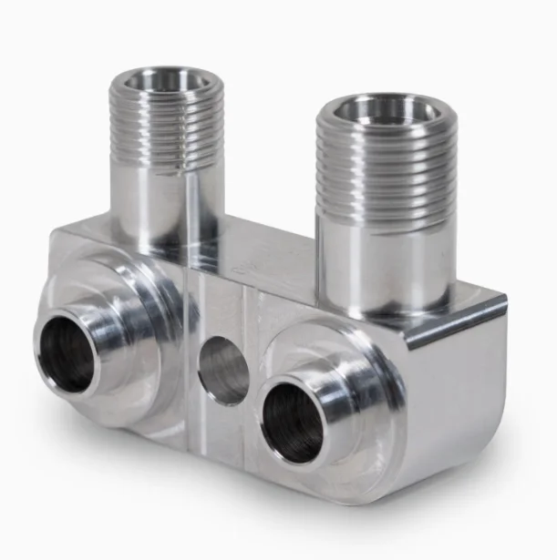 Custom CNC Turning & Milling Stainless Steel LS Engine Swap 90 Degree Compressor Adapter Block Fitting