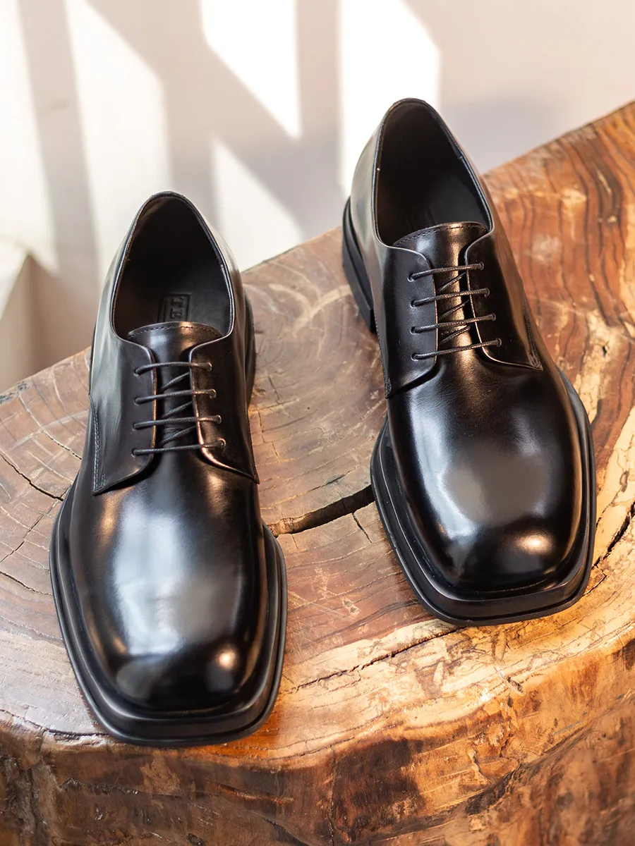 

British Style Fashionable Bright Black Men's Large Square Toe Derby Leather Casual Handmade Shoes With Increased Plat