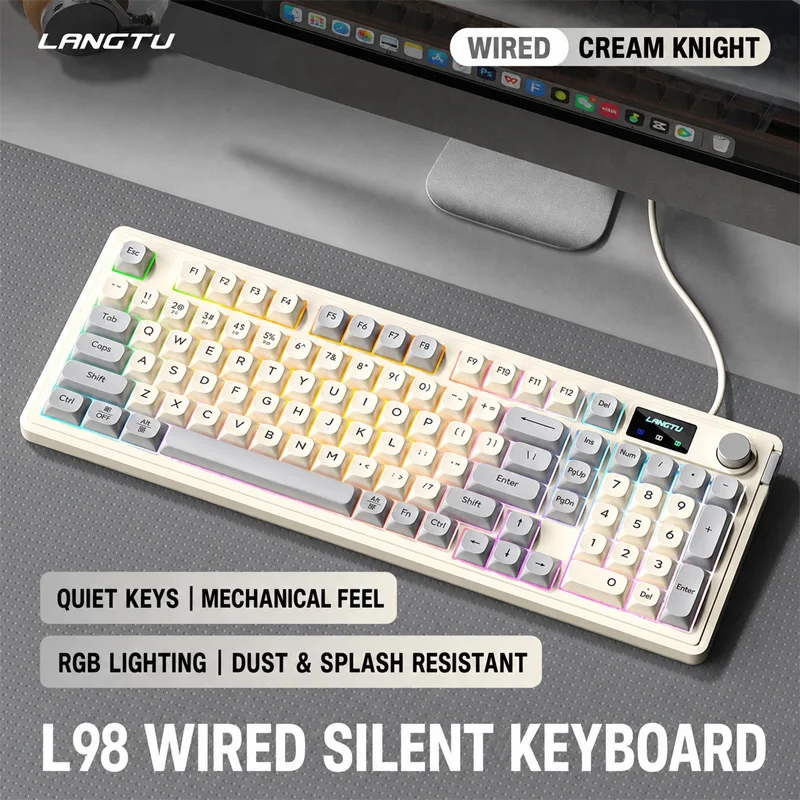 Langtu L98 Wired Keyboard 98 Keys Mechanical Feel Rgb Gaming and Office Keyboard Dust-Proof Structure with Display and Multi-Function Knob Suitable for Pc and Laptop