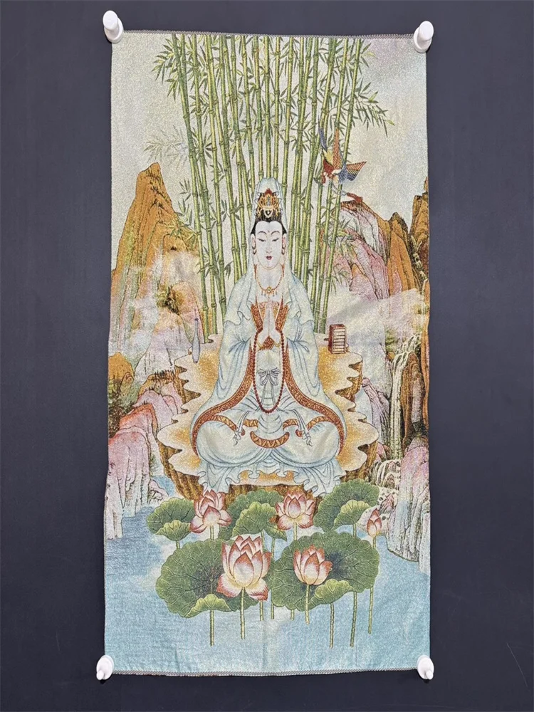 Chinese Antique Silk Brocade Embroidery Tangka Painting of Guanyin Bodhisattva Buddha Statue Wall Art