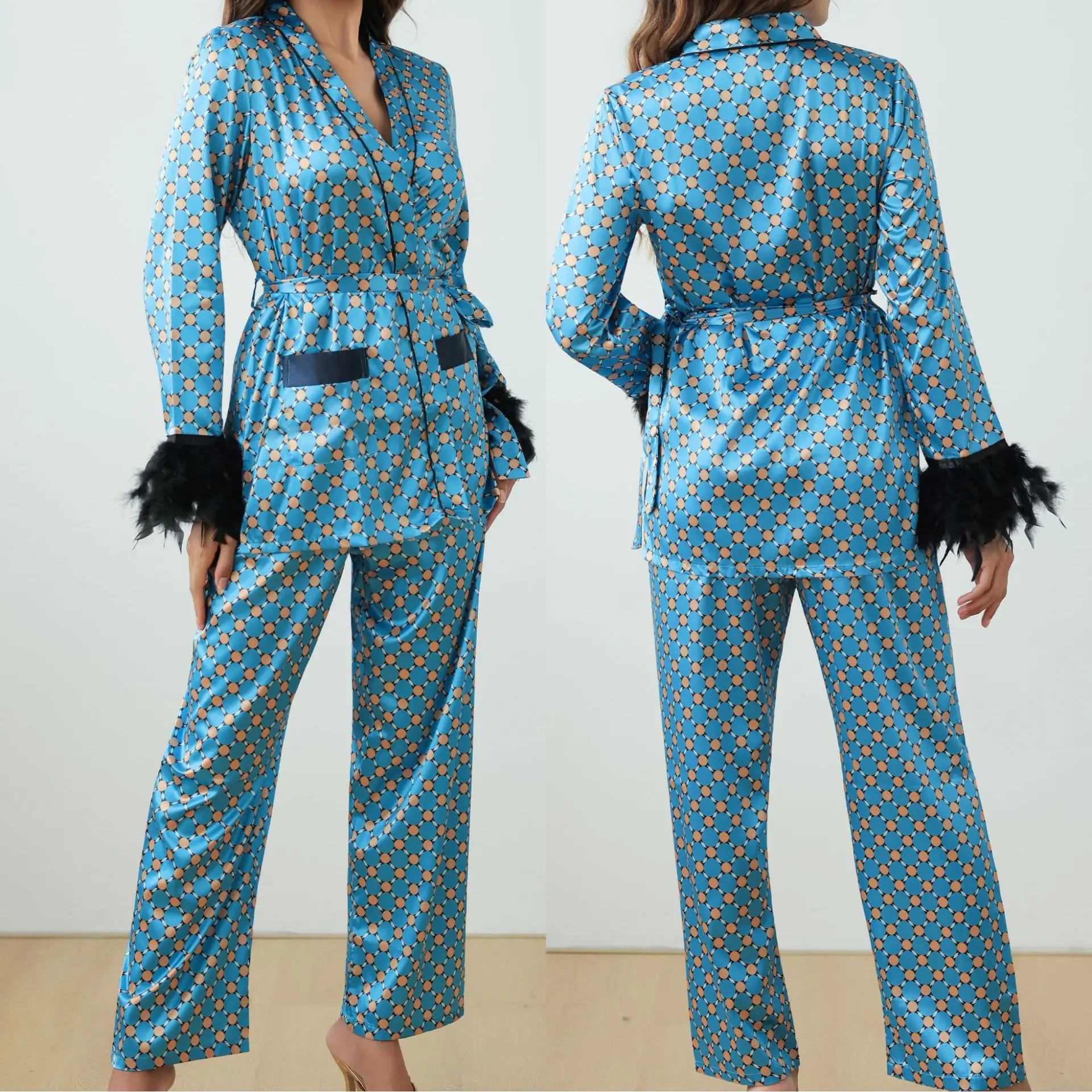 

Модный женский пижамный комплект, одежда для дома, кимоно с длинными рукавами и перьями, брюки, пижамный костюм, свободная повседневная атласная домашняя одежда, пижама