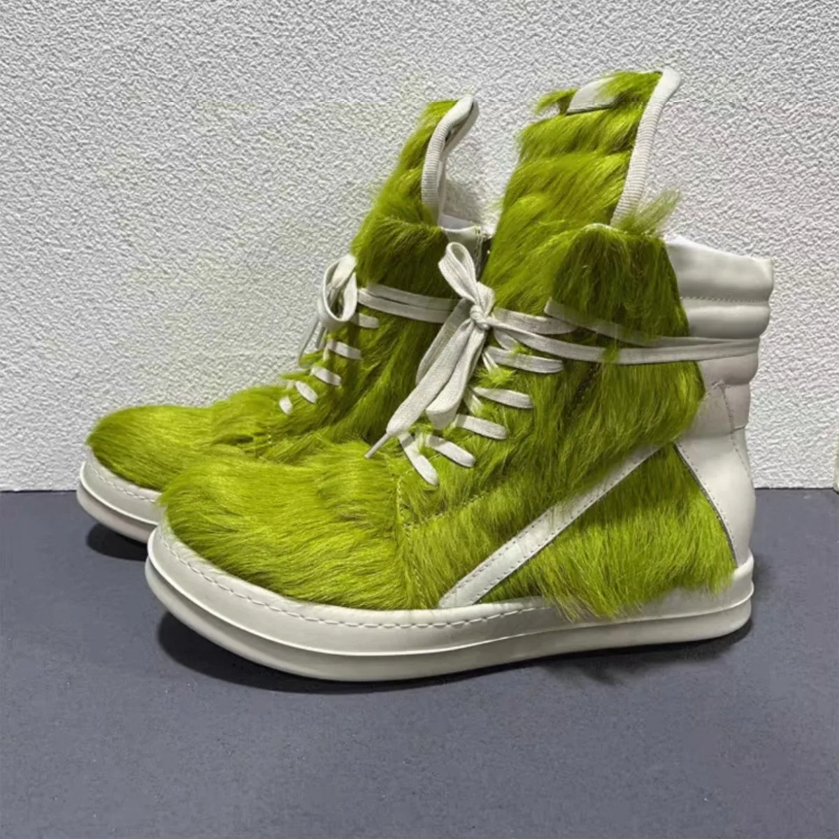 

Ro Luxury Men Ankle Boot Green Horsehair Boots Women Sneaker Horse Hair High Top Shoe Leather Casual Shoes Zipper Sneakers