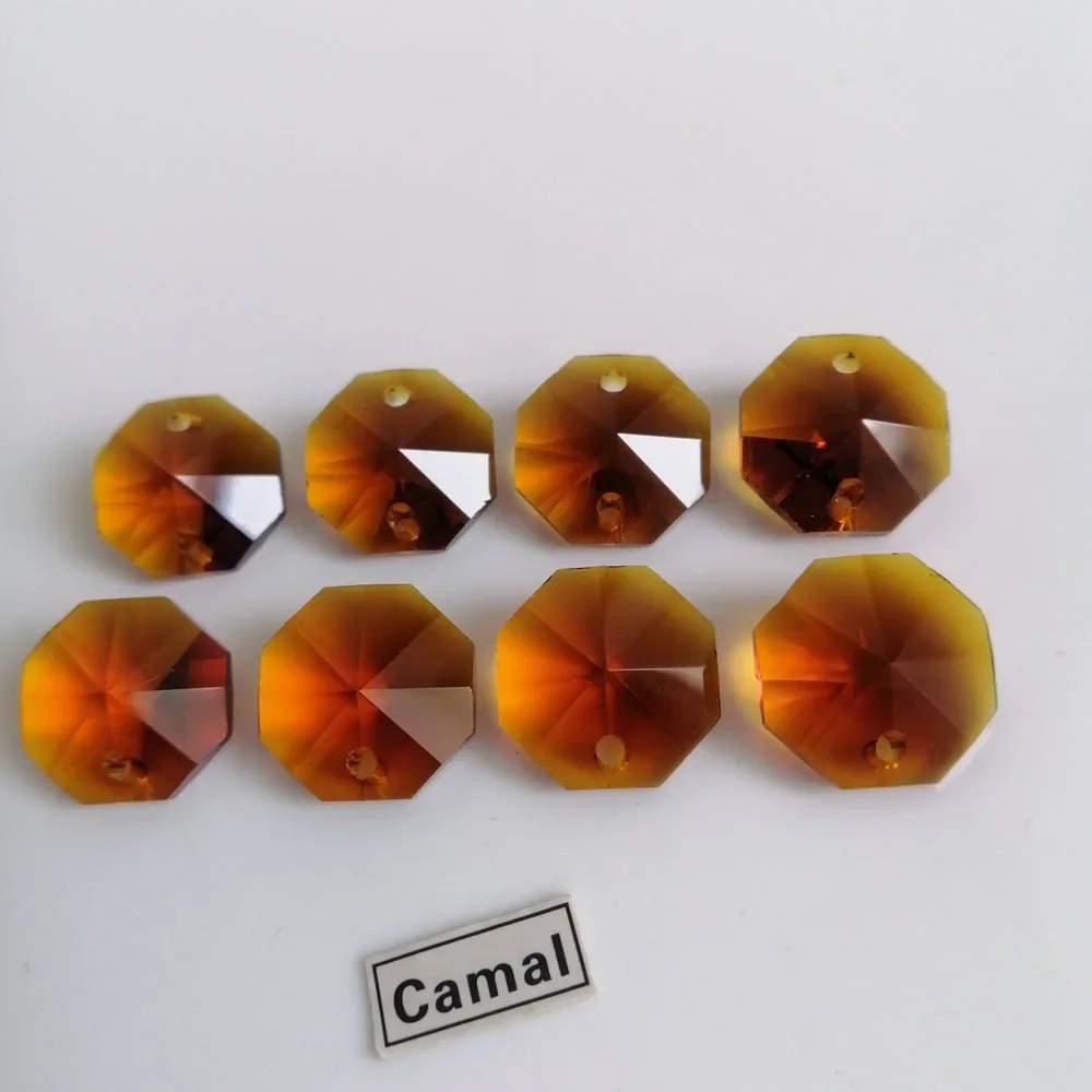 Camal 20pcs Amber 14mm 1/2Holes Crystal Octagonal Loose Beads Prisms Chandelier Lighting Lamp Parts Curtains Wedding Home  Decor