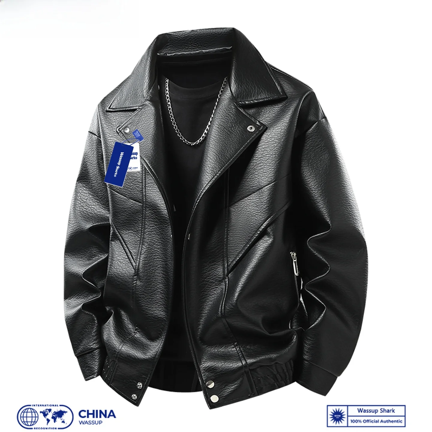 

Wassup ark American Retro Motorcycle Sle Loose Fit Leather Jaet Men's Autumn Faionable Collar Biker Coat Casual PU Le...