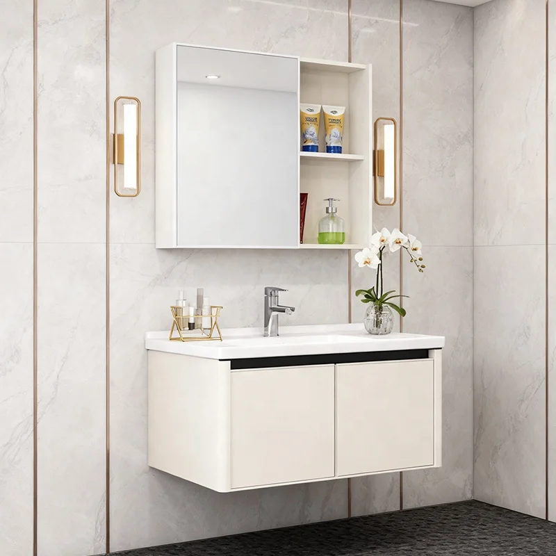 

Серый современный роскошный туалетный столик с настенным зеркалом, в комплекте алюминиевая панель + профиль | Керамическая раковина для использования в апарт-отелях