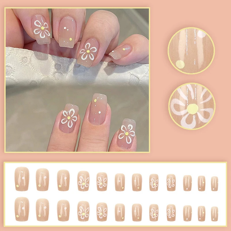 

24 шт. квадратные накладные ногти для девочек, милые и милые кончики ногтей, средний пресс на ногти, патч, украшение для дизайна ногтей