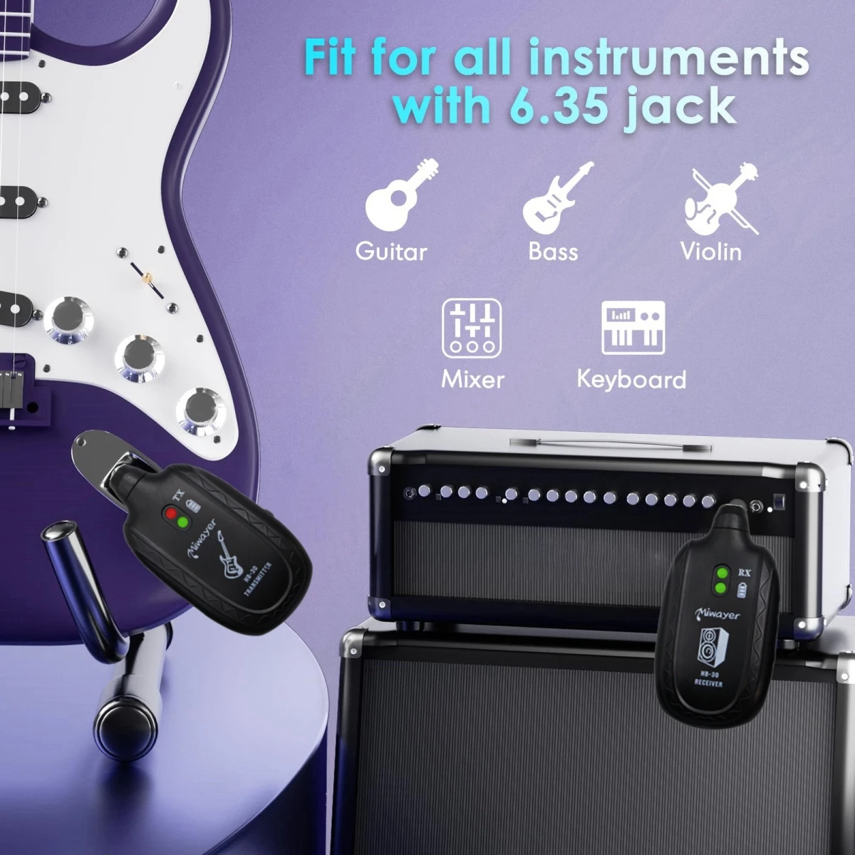 Miwayer HB-30 Guitar Wireless Audio System Built in 4 Channels Wireless Guitar Transmitter Receiver for Electric Guitar Bass