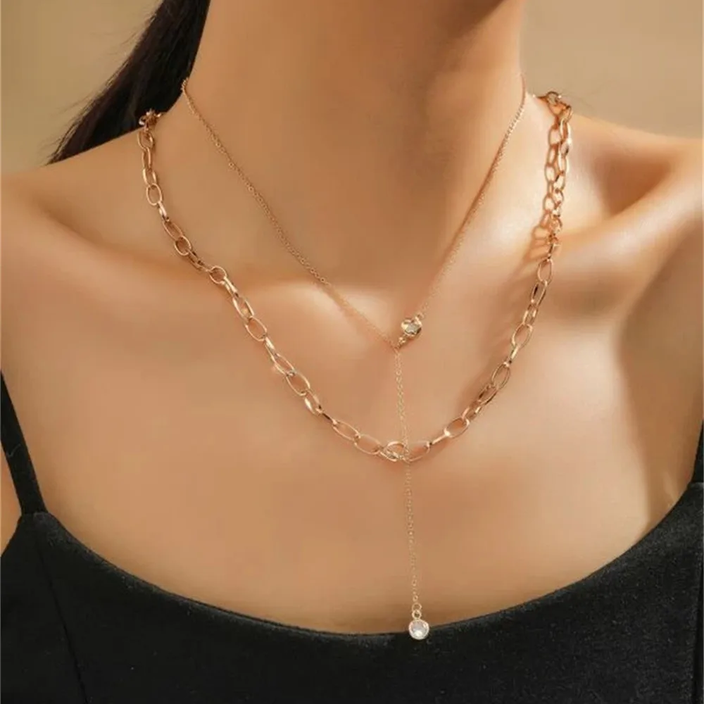 Vintage Boho Gold-plate Punk Chain Transparent Round Crystal Pendant Necklace For Women Female Fashion Multilevel Choker Jewelry