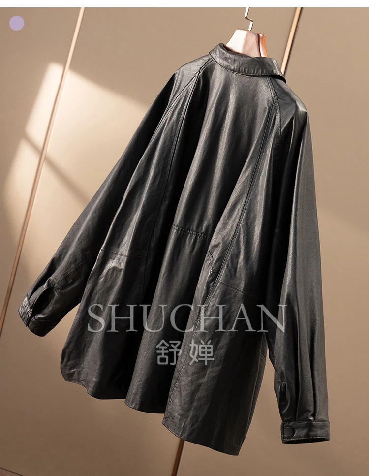 Oversized Jacket Women Casual Tanned Sheepskin Bat Sleeve Leather Jacket Women 77B7 Abrigos Mujer Invierno 2025