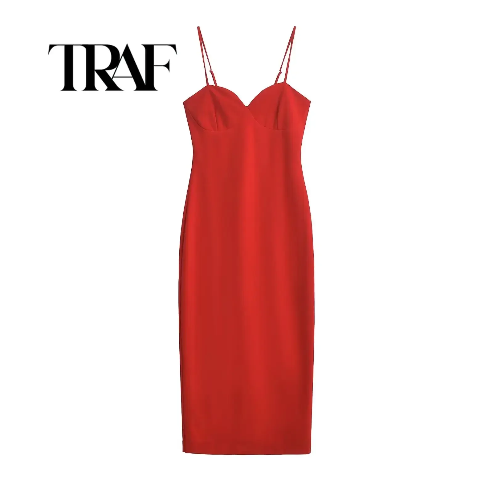 TRAF Sexy Women Thin Straps Back Zipper Slim Midi Red Dress Female Elegant Christmas Party Dresses