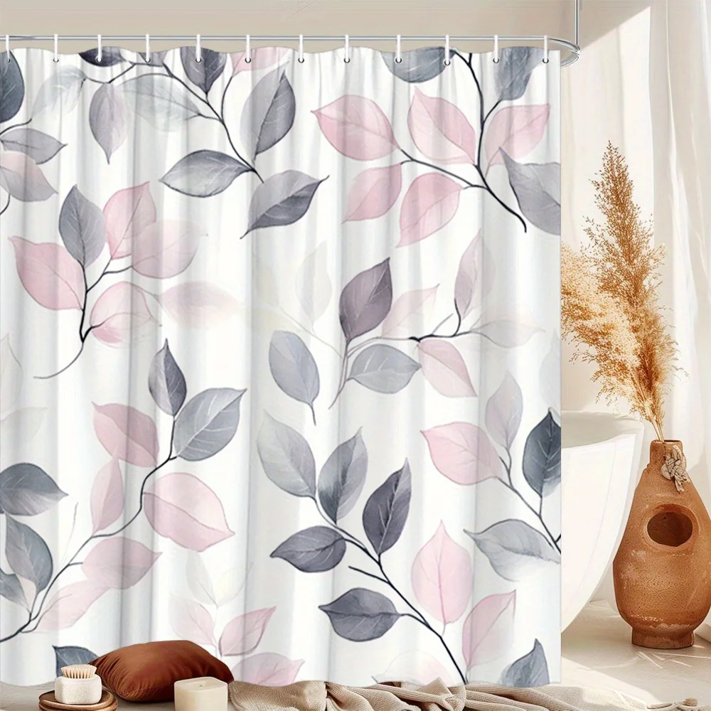 

1 шт. Занавеска для душа с пастельными листьями — розовая, лаванда, серо-белая ботаническая конструкция с 12 крючками, 70,8x70,8 дюйма, современная ванная комната