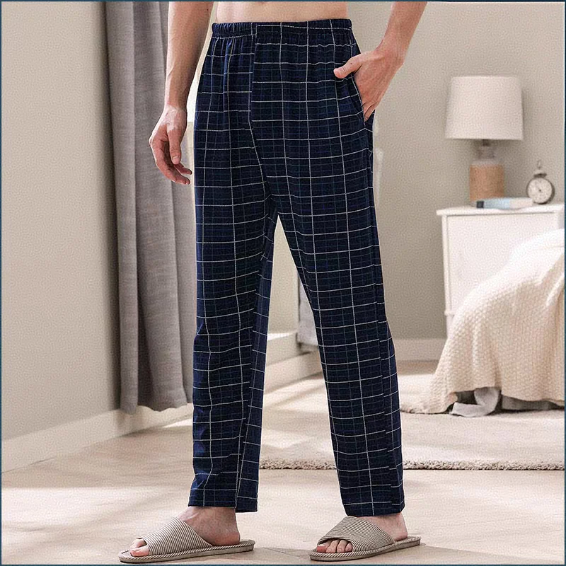 Men's Summer Pajama Pants, Slimming, Long Style, Suitable for Going Out, Casual Wear for Students, Solid Color Plaid, Youth Loungewear Pants
