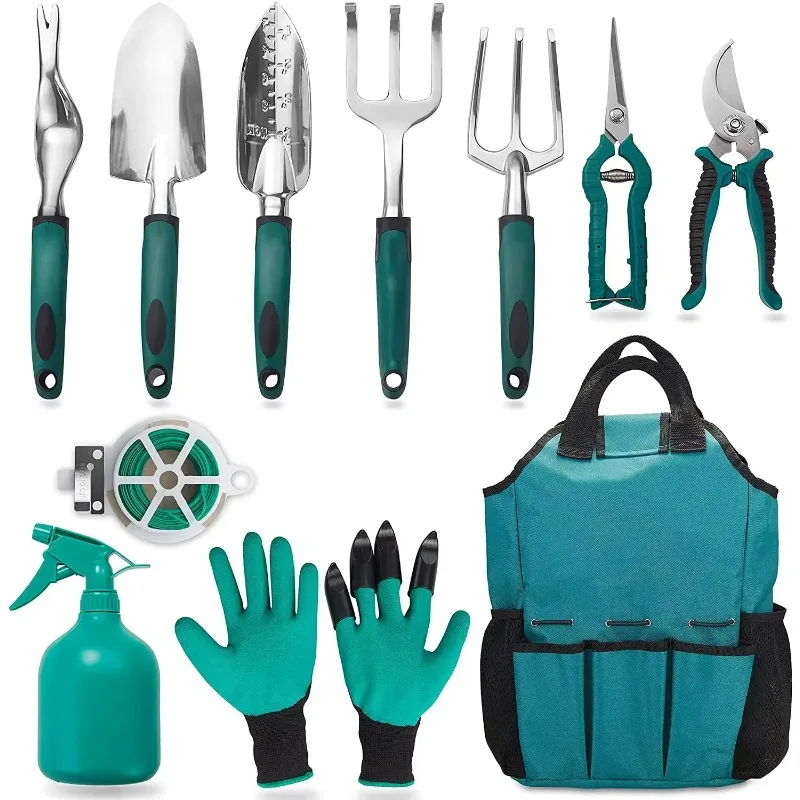 2024 New 11 Piece Aluminum Alloy Steel Hand Tool Starter Kit with Garden Bag, Outdoor Garden Tool Set