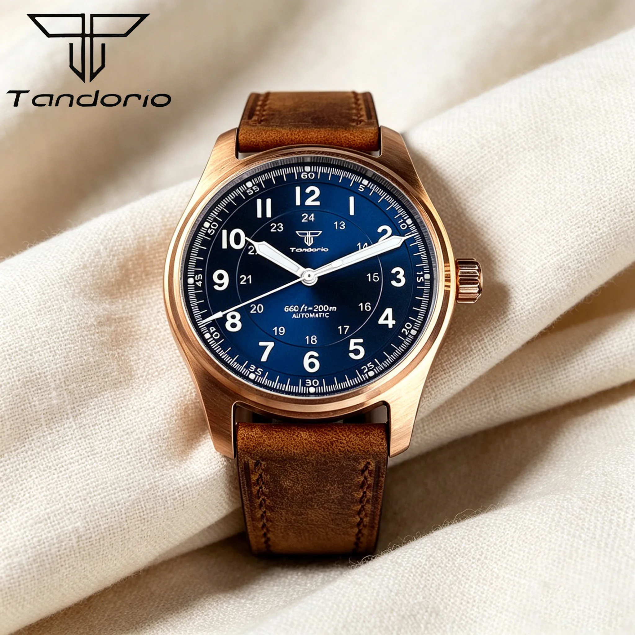 Tandorio 39mm Pilot Cusn8 Bronze 20ATM Diver Sapphire Arabic Numerals Luminous Miyota 8215 Automatic Watch For Men Leather Strap