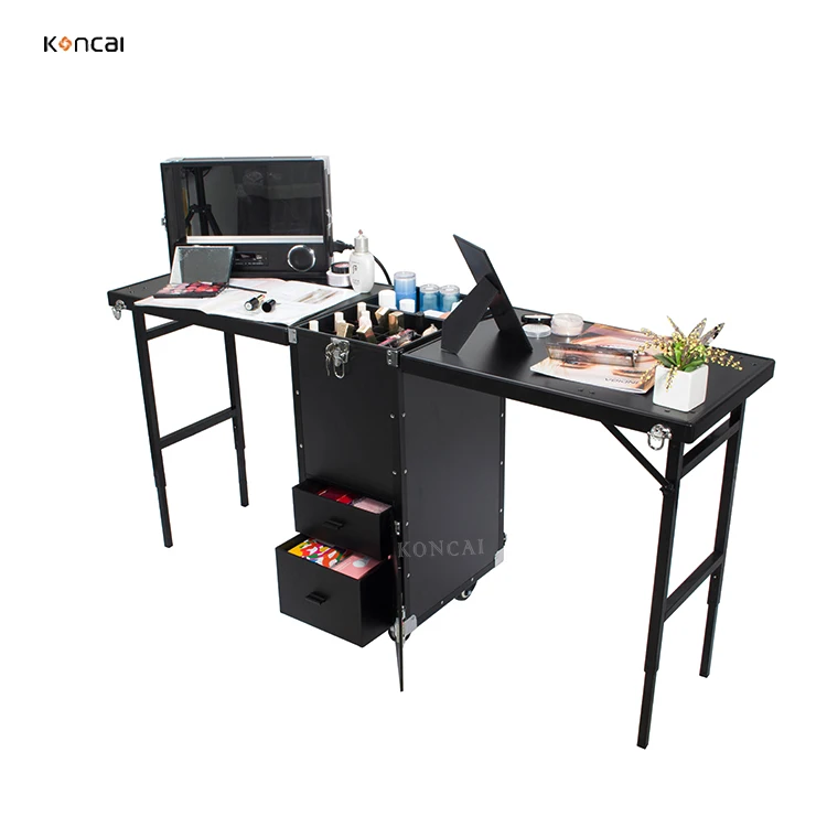 KONCAI Professional folding Rolling Makeup Workstation Manicure Train Table Double nail table with 4 Drawers Mirror Speaker