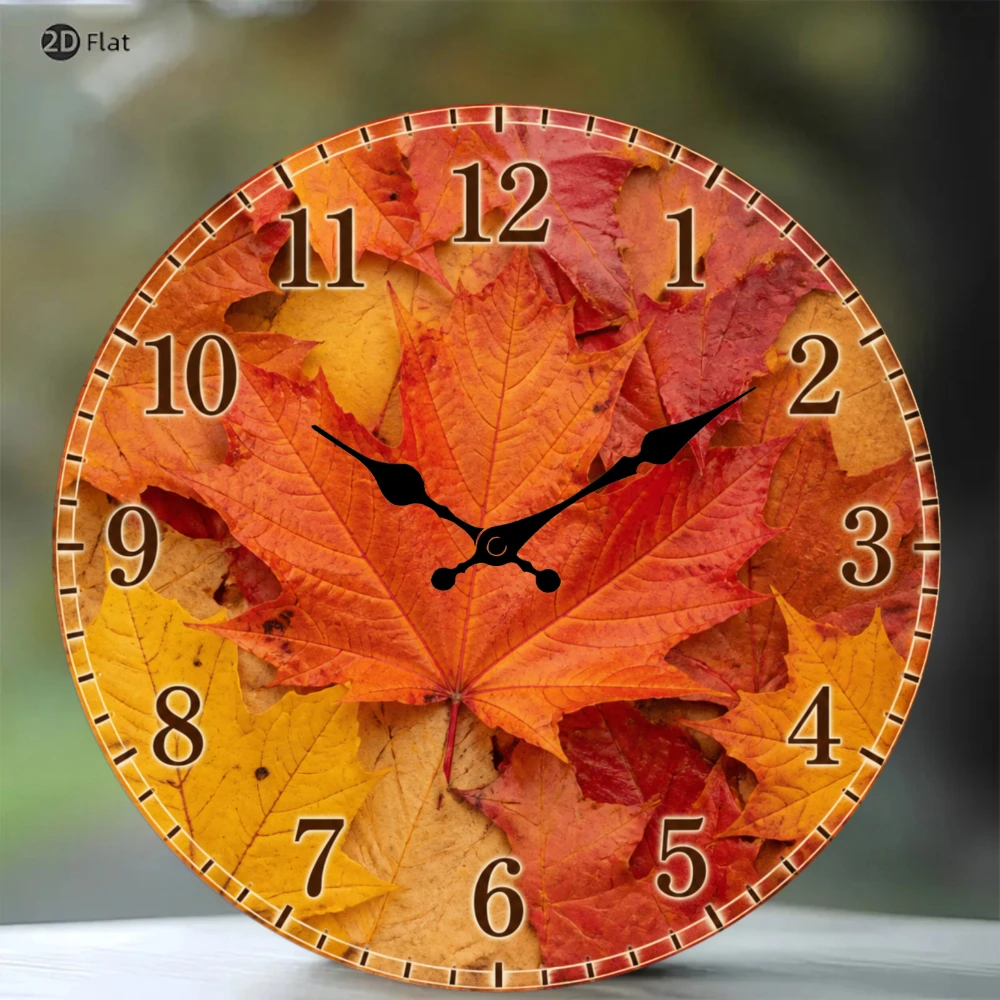 Autumn Maple Leaves 2D Flat Wall Clock 10 Inch Silent Non-Ticking Vibrant Fall Foliage Room Decor for Living Room