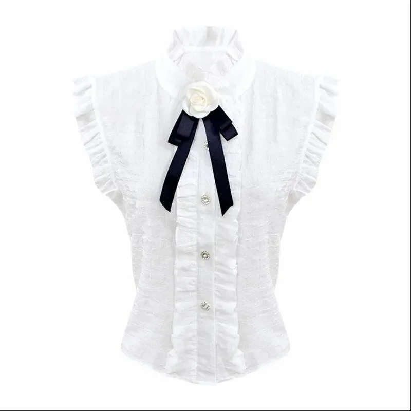 Stand Collar Sleeveless 3D Flower Bow Top Blouse New Spring Summer Fashion Women White Shirt Elegant Ruffled Bottoming Shirt