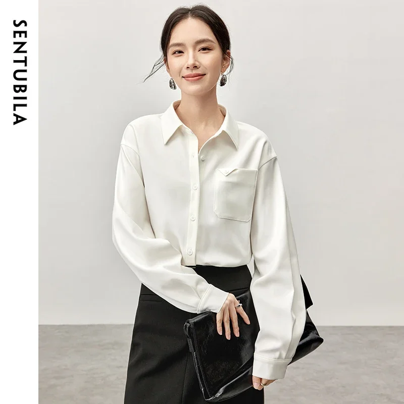 SENTUBILA Office Lady Solid Shirt for Women 2024 Spring Autumn Texture Turn Down Collar Long Sleeve Simple Women Top 143C56817