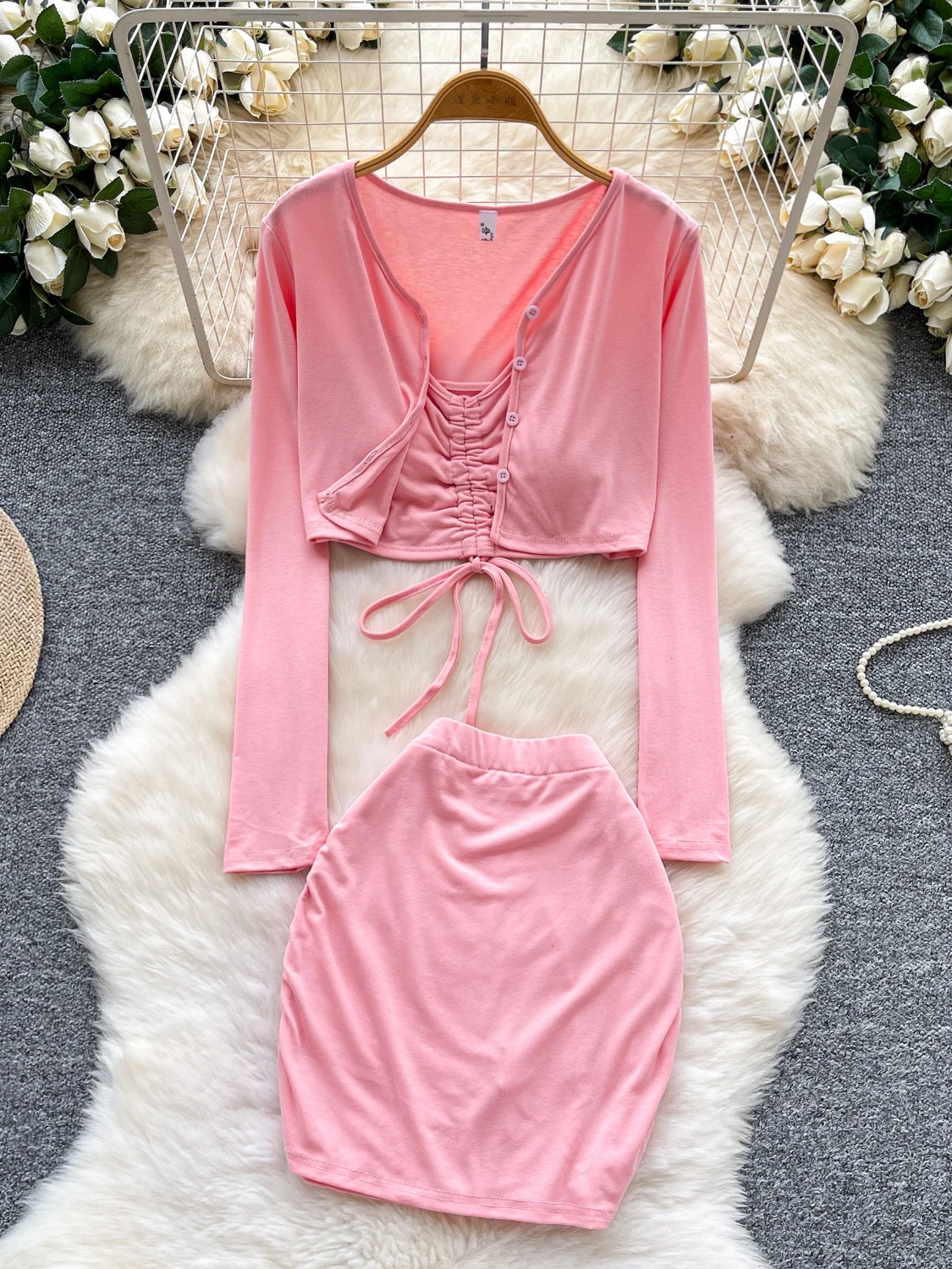 

Foamlina Spicy Girls 3 Pieces Set Solid V Neck Lace-up Ruched Camis Top+Long Sleeve Crop Cardigan+Mini Skirt Suits Sexy Outfit