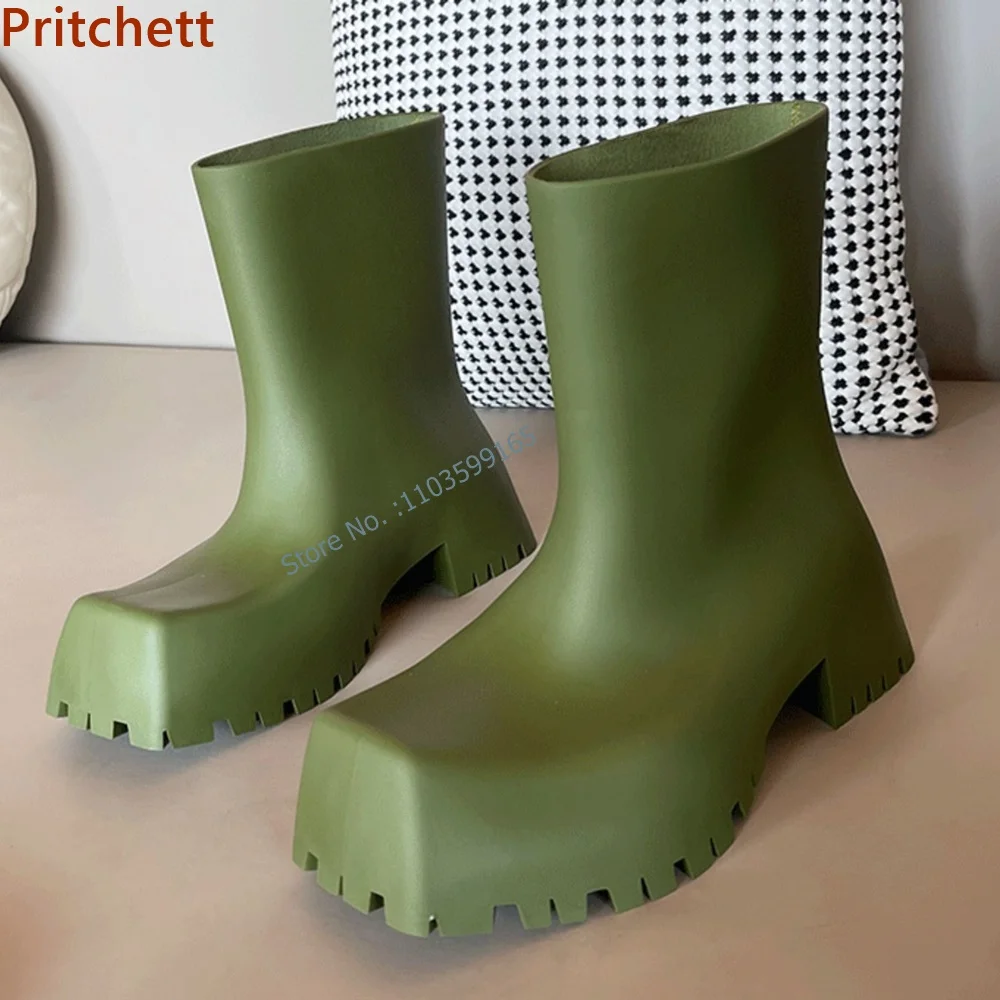 Solid Square Toe Boots Sawtooth Thick Soled Slip On Rain Boots Autumn New Versatile Waterproof Platform Elevated Women Shoes