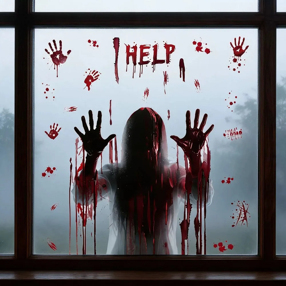Halloween Decoration Stickers Horrible Blood Handprint Bloodstain Female Ghost Window Stickers Halloween Party Glass Stickers