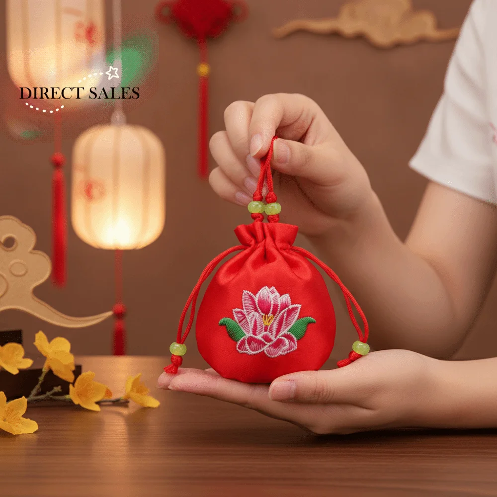 Lotus Embroidery Embroidered Sachet Drawstring Closure Silk Satin Lotus Drawstring Bag Empty Pouch Vintage Style
