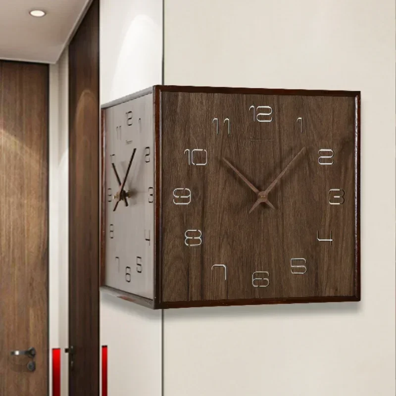 Punch-free solid wood corner double-sided wall clock modern minimalist corner two-sided clock home living room Nordic clock