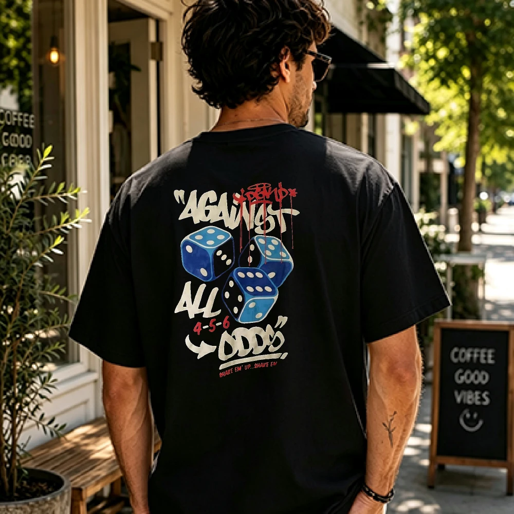 Men Against All Odds Blue Dice Graffiti Back Print T-Shirt Streetwear Hip Hop Vintage Drip Graphic Tee Oversized Short Sleeve
