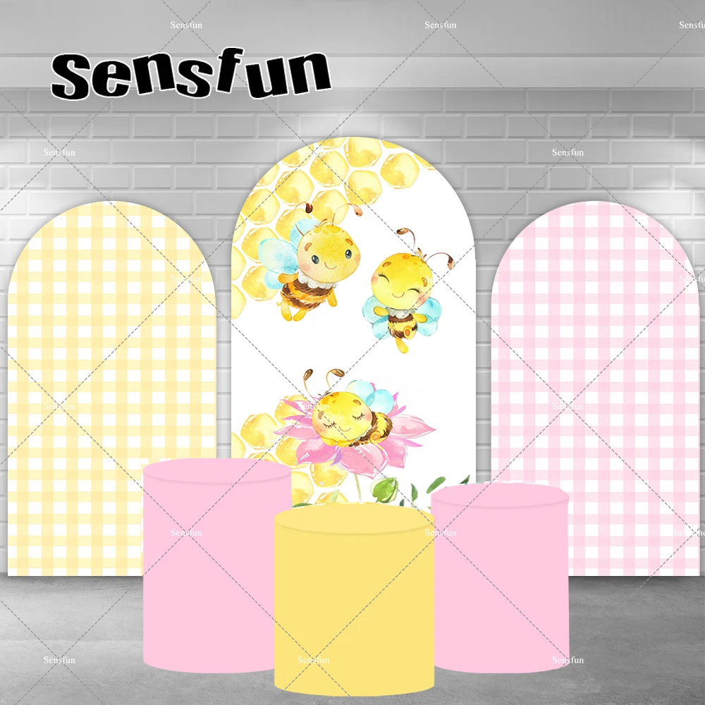 

Yellow Pink Sweet Bee Day Chiara Arch Backdrop Cover Kids Gender Reveal Party Photography Backgrounds Double-sided