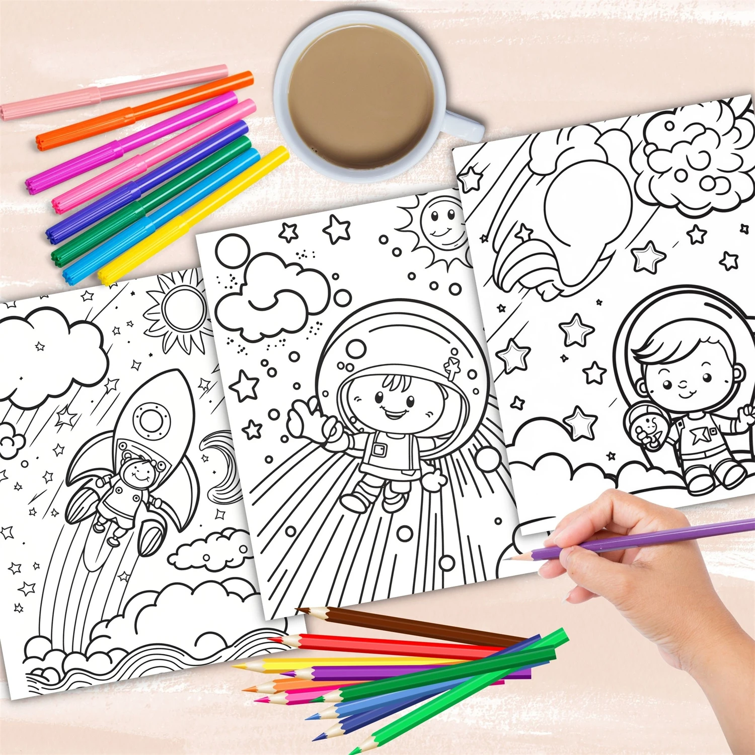 [Space Exploration] Children's Astronaut Coloring Book Large A4 Size Fantasy Interstellar Travel Alien Planet Pattern Boys and Girls Enlightenment Puzzle Coloring Book Parent-Kids Handmade Fun Gift