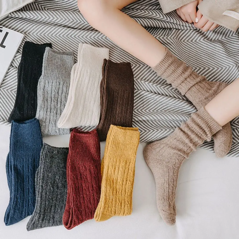 Winter Cashmere Wool Woman Socks Solid Japanese Style Harajuku Retro Long Socks Women Girls Thermal Streetwear Crew Sock