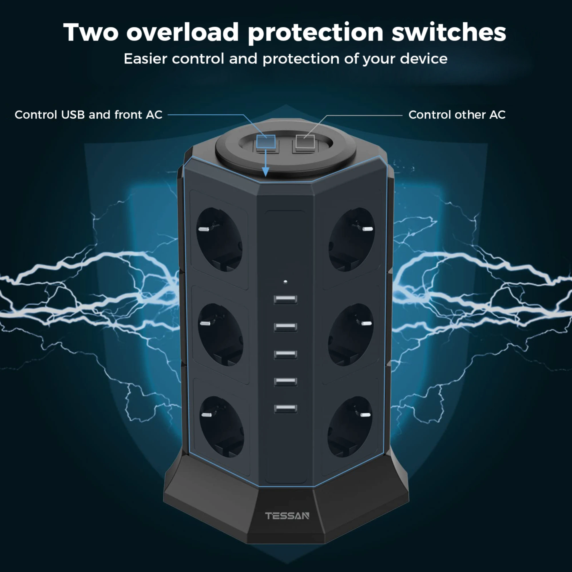 TESSAN Tower Power Strip Multiple Socket with 12 Outlets 5 USB Port 2M Extension Cable EU Plug Vertical Electric Socket for Home