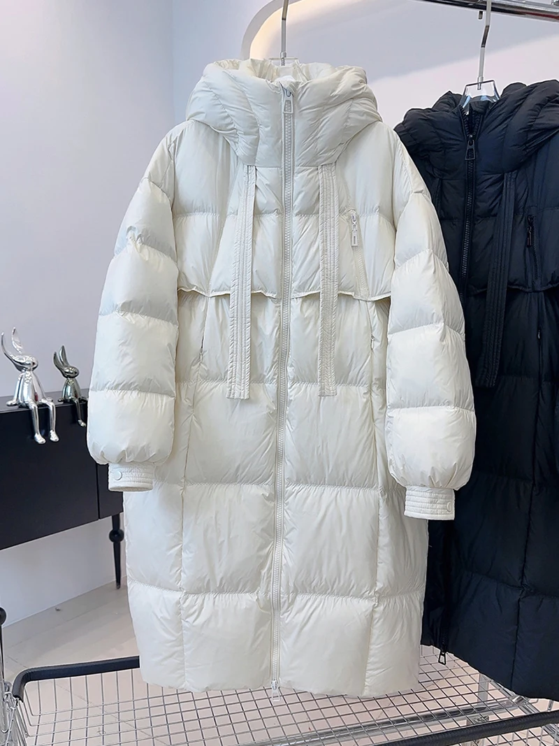 Schinteon Women White Duck Down Long Jacket Casual Loose Over Size Autumn Winter Outwear with Hood Korean Style Thick Coat 2026