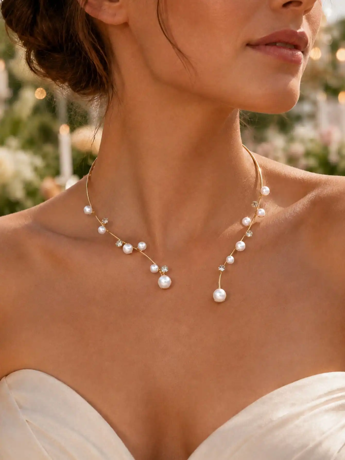 Elegant Open Cuff Choker Necklace For Women Pearl Rhinestone Crystal Scattered Decor Collar Bridal Neck Ornament For Wedding Pro