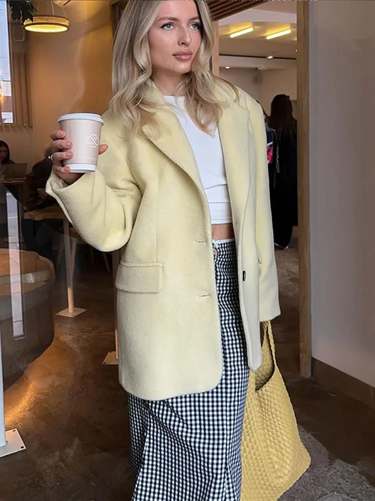 Elegant Yellow Lapel Woolen Blends Jacket Women Fashion Long Sleeves Single Breasted Pocket Coat Autumn Winter Lady Streetwear