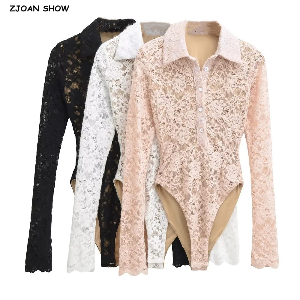 

3 colors Spring See Through Lace With Lining Lapel Collar Long sleeve Bodysuit Sexy Woman Jumpsuit Slim Rompers Playsuits Pink