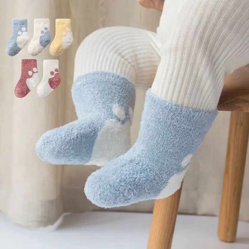 Winter Coral Fleece Baby Socks Cute Cartoon Paw Print Infant Sock Solid Color Thicken Warm Plush Kids Middle Tube Socks