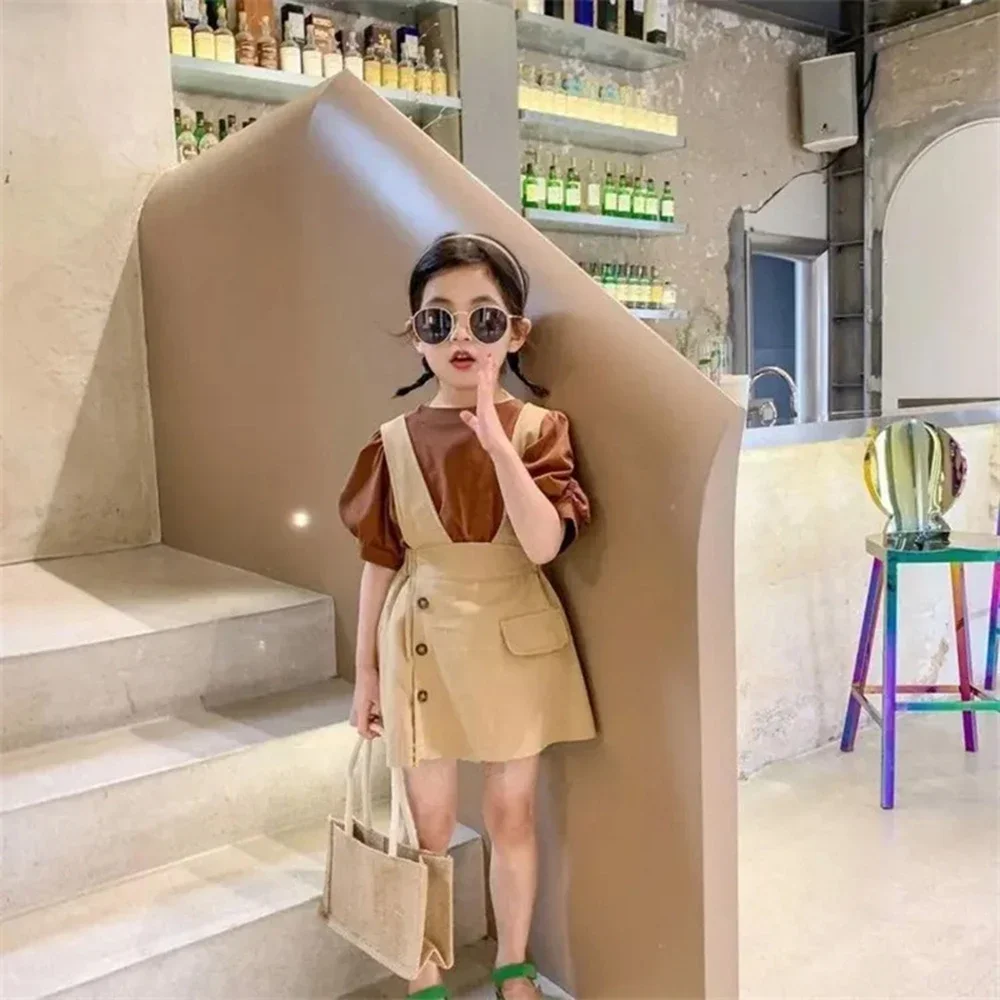 3-7Y Solid Color Casual Girls Suit Summer Puff Sleeve T-Shirt Button Strap Skirt Outfits Brown Khaki Two Piece Sets Kids Clothes